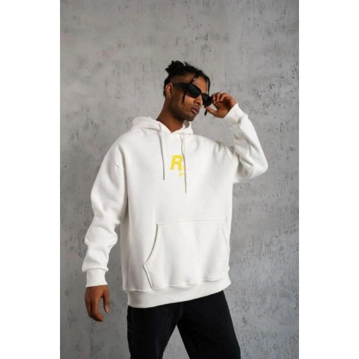 Erkek 3 İplik Pamuklu Kapüşonlu Baskılı Cepli Oversize Sweatshirt Hoodie - Beyaz