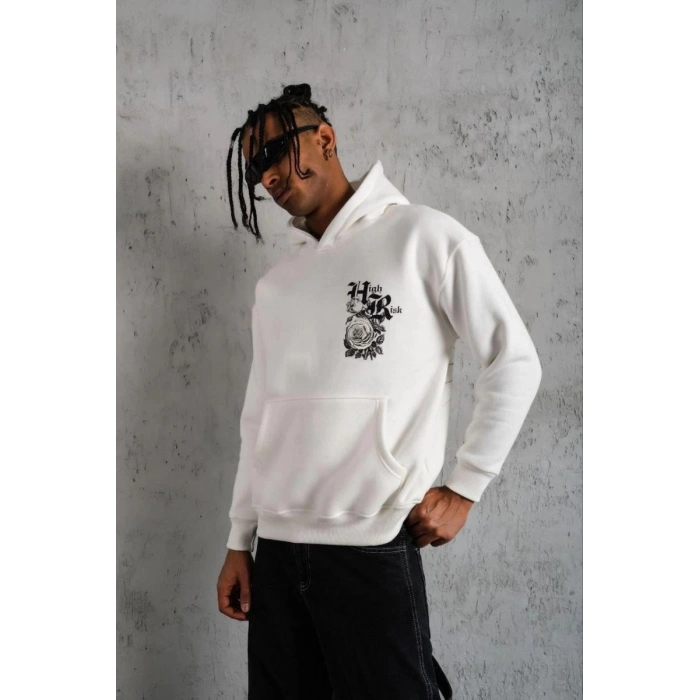 Erkek 3 İplik Pamuklu Kapüşonlu Baskılı Cepli Oversize Sweatshirt Hoodie - Beyaz