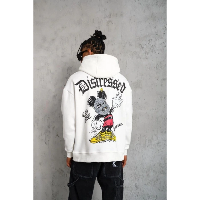 Erkek 3 İplik Pamuklu Kapüşonlu Baskılı Cepli Oversize Sweatshirt Hoodie - Beyaz