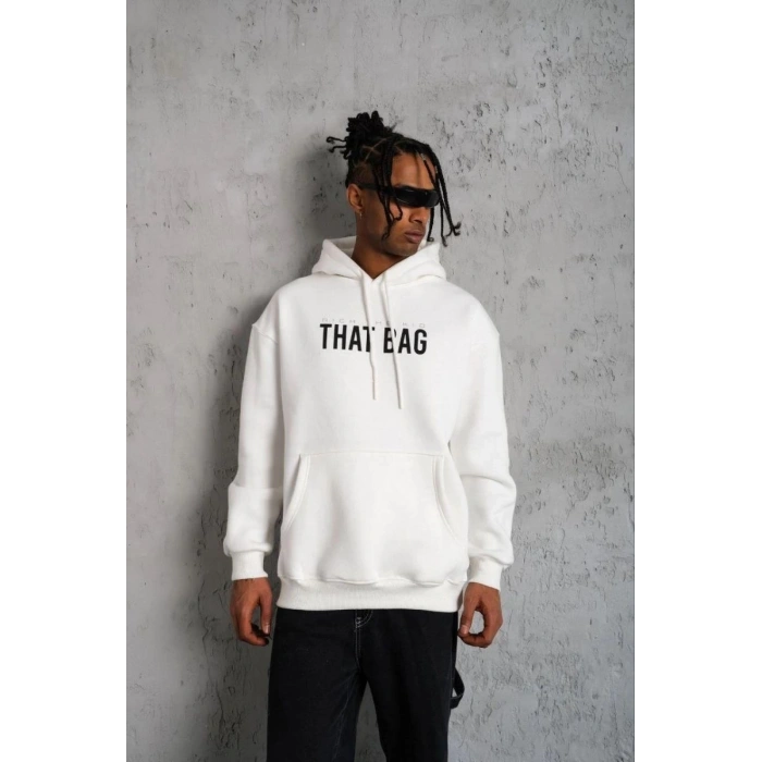 Erkek 3 İplik Pamuklu Kapüşonlu Baskılı Cepli Oversize Sweatshirt Hoodie - Beyaz