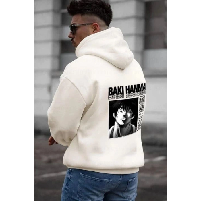 Erkek 3 İplik Pamuklu Kapüşonlu Baskılı Cepli Oversize Sweatshirt Hoodie - Beyaz