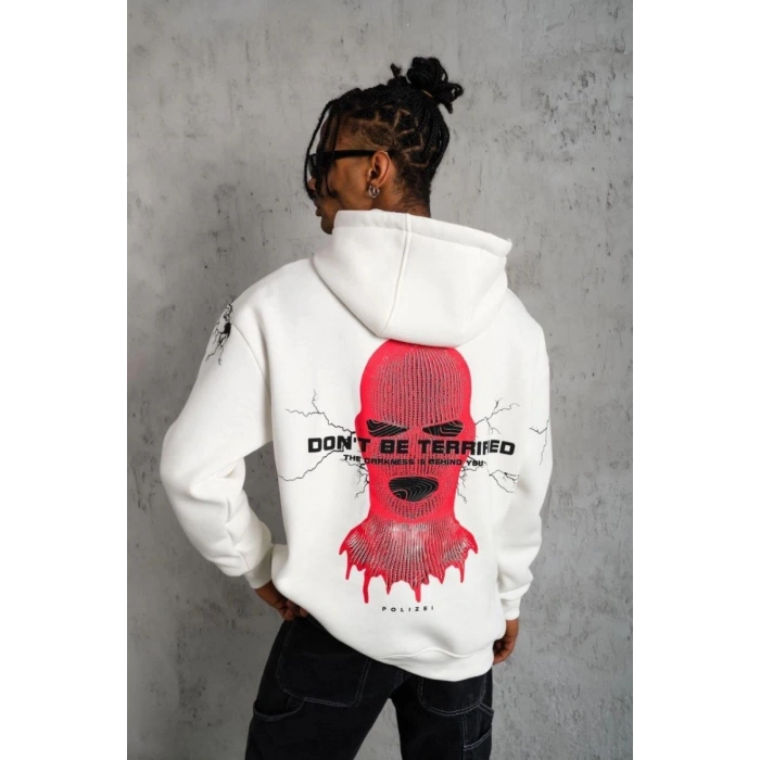Erkek 3 İplik Pamuklu Kapüşonlu Baskılı Cepli Oversize Sweatshirt Hoodie - Beyaz
