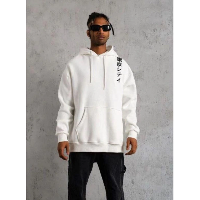 Erkek 3 İplik Pamuklu Kapüşonlu Baskılı Cepli Oversize Sweatshirt Hoodie - Beyaz