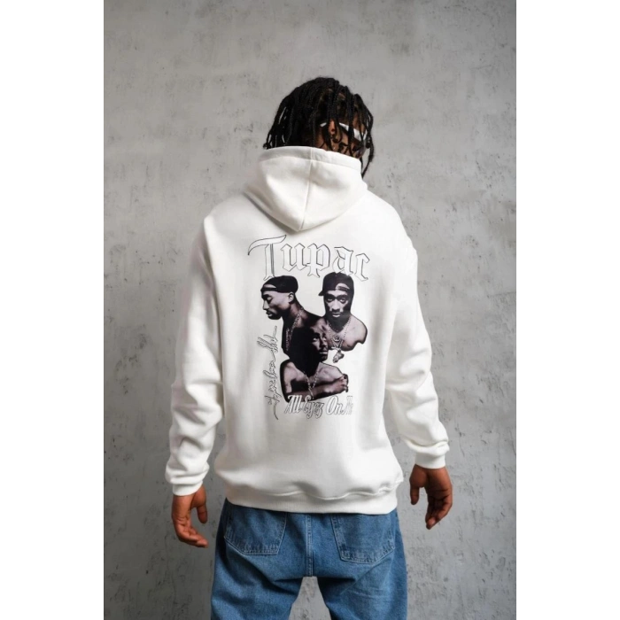 Erkek 3 İplik Pamuklu Kapüşonlu Baskılı Cepli Oversize Sweatshirt Hoodie - Beyaz