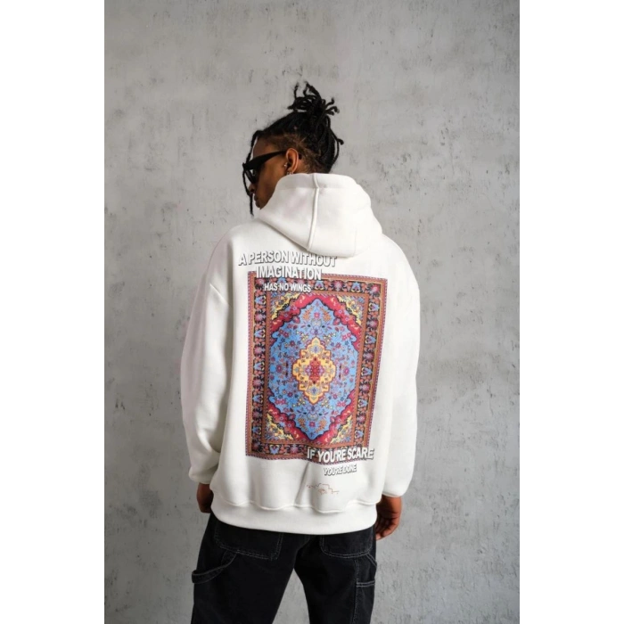 Erkek 3 İplik Pamuklu Kapüşonlu Baskılı Cepli Oversize Sweatshirt Hoodie - Beyaz