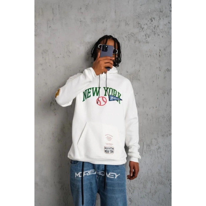 Erkek 3 İplik Pamuklu Kapüşonlu Baskılı Cepli Oversize Sweatshirt Hoodie - Beyaz