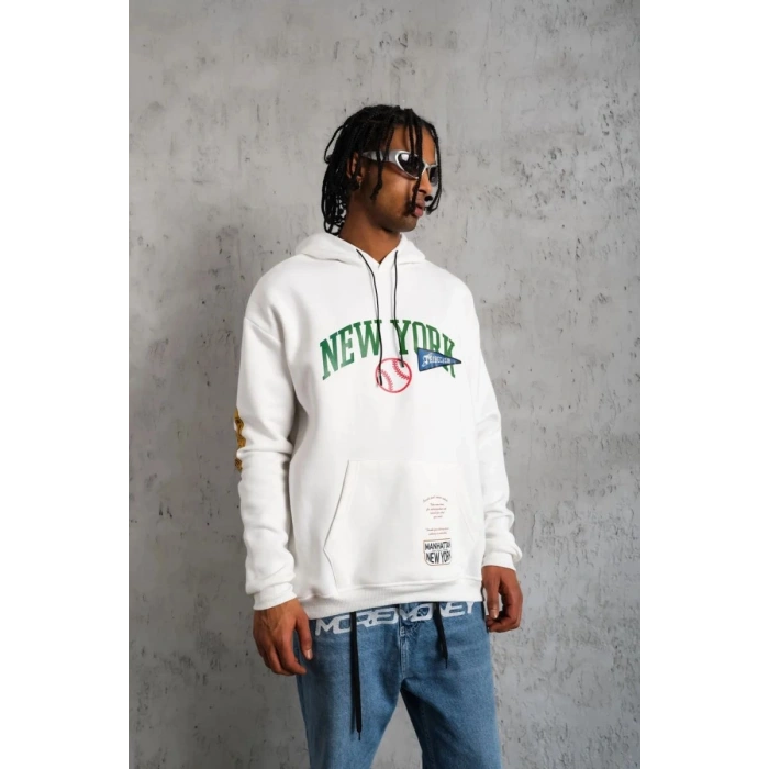 Erkek 3 İplik Pamuklu Kapüşonlu Baskılı Cepli Oversize Sweatshirt Hoodie - Beyaz