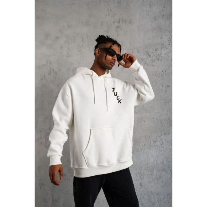 Erkek 3 İplik Pamuklu Kapüşonlu Baskılı Cepli Oversize Sweatshirt Hoodie - Beyaz