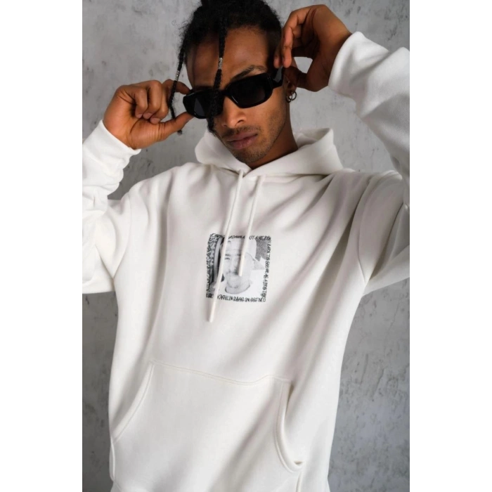 Erkek 3 İplik Pamuklu Kapüşonlu Baskılı Cepli Oversize Sweatshirt Hoodie - Beyaz