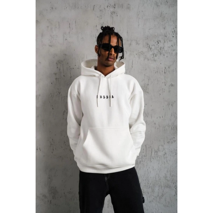 Erkek 3 İplik Pamuklu Kapüşonlu Baskılı Cepli Oversize Sweatshirt Hoodie - Beyaz
