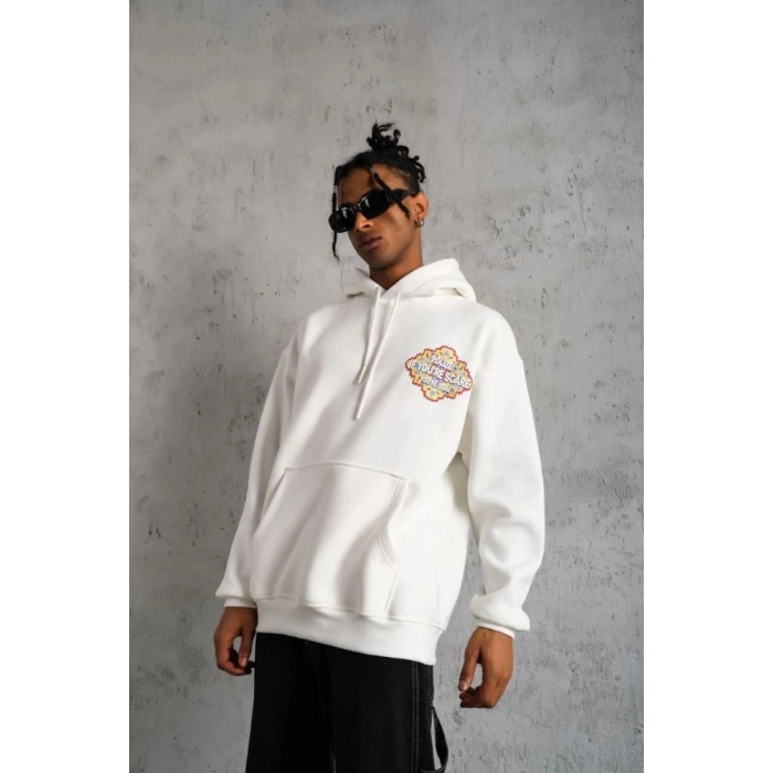Erkek 3 İplik Pamuklu Kapüşonlu Baskılı Cepli Oversize Sweatshirt Hoodie - Beyaz