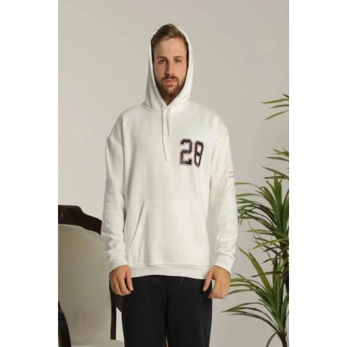 Erkek 3 İplik Pamuklu Kapüşonlu Baskılı Cepli Oversize Sweatshirt Hoodie - Beyaz