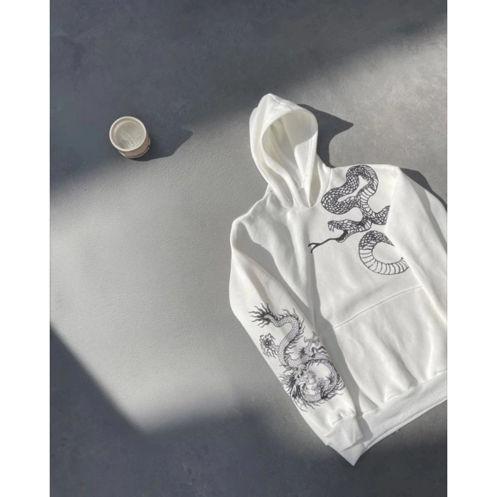 Erkek 3 İplik Pamuklu Kapüşonlu Baskılı Cepli Oversize Sweatshirt Hoodie - Beyaz
