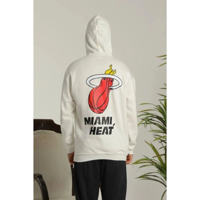 Erkek 3 İplik Pamuklu Kapüşonlu Baskılı Cepli Oversize Sweatshirt Hoodie - Beyaz