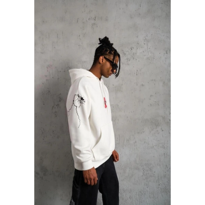 Erkek 3 İplik Pamuklu Kapüşonlu Baskılı Cepli Oversize Sweatshirt Hoodie - Beyaz