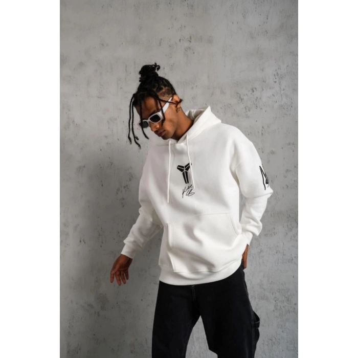 Erkek 3 İplik Pamuklu Kapüşonlu Baskılı Cepli Oversize Sweatshirt Hoodie - Beyaz