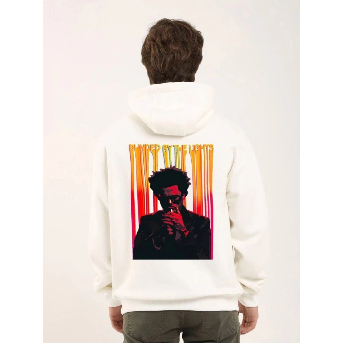 Erkek 3 İplik Pamuklu Kapüşonlu Baskılı Cepli Oversize Sweatshirt Hoodie - Beyaz
