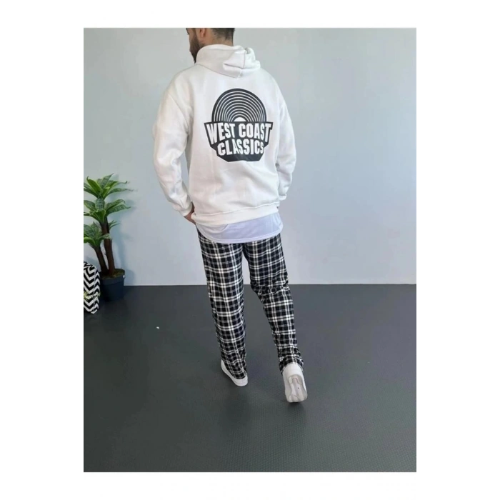 Erkek 3 İplik Pamuklu Kapüşonlu Baskılı Cepli Oversize Sweatshirt Hoodie - Beyaz