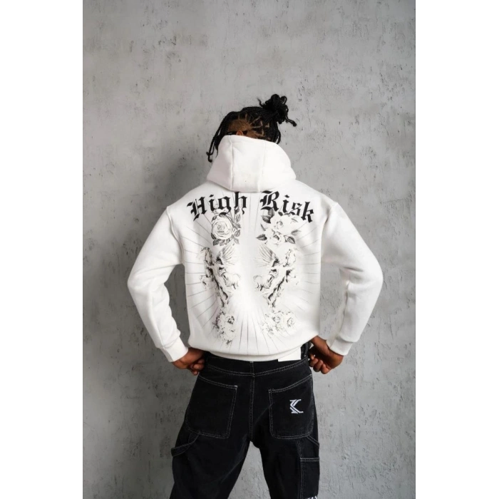 Erkek 3 İplik Pamuklu Kapüşonlu Baskılı Cepli Oversize Sweatshirt Hoodie - Beyaz