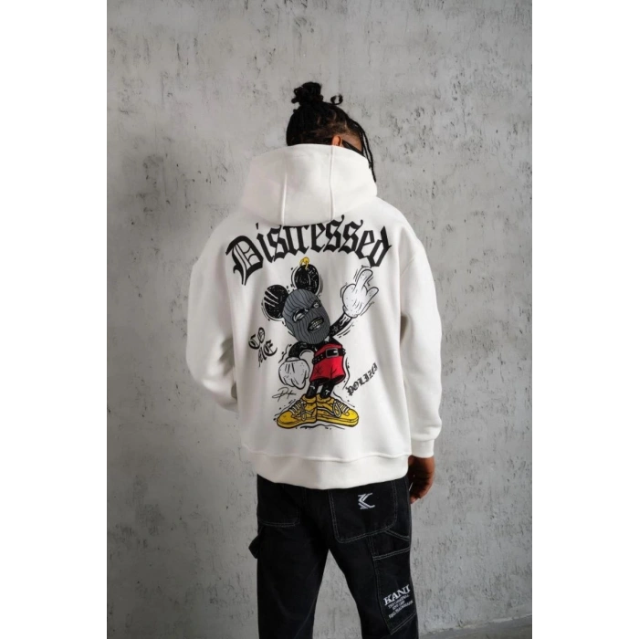 Erkek 3 İplik Pamuklu Kapüşonlu Baskılı Cepli Oversize Sweatshirt Hoodie - Beyaz