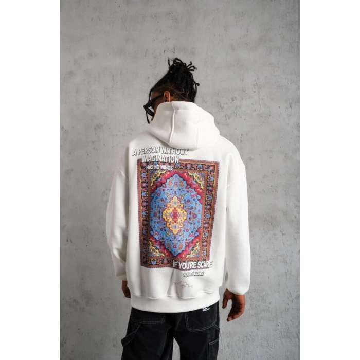 Erkek 3 İplik Pamuklu Kapüşonlu Baskılı Cepli Oversize Sweatshirt Hoodie - Beyaz