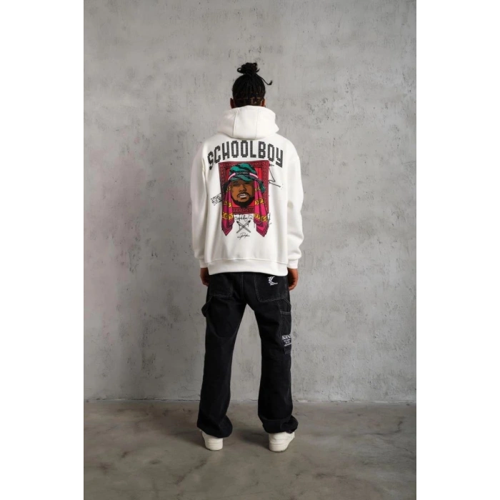 Erkek 3 İplik Pamuklu Kapüşonlu Baskılı Cepli Oversize Sweatshirt Hoodie - Beyaz
