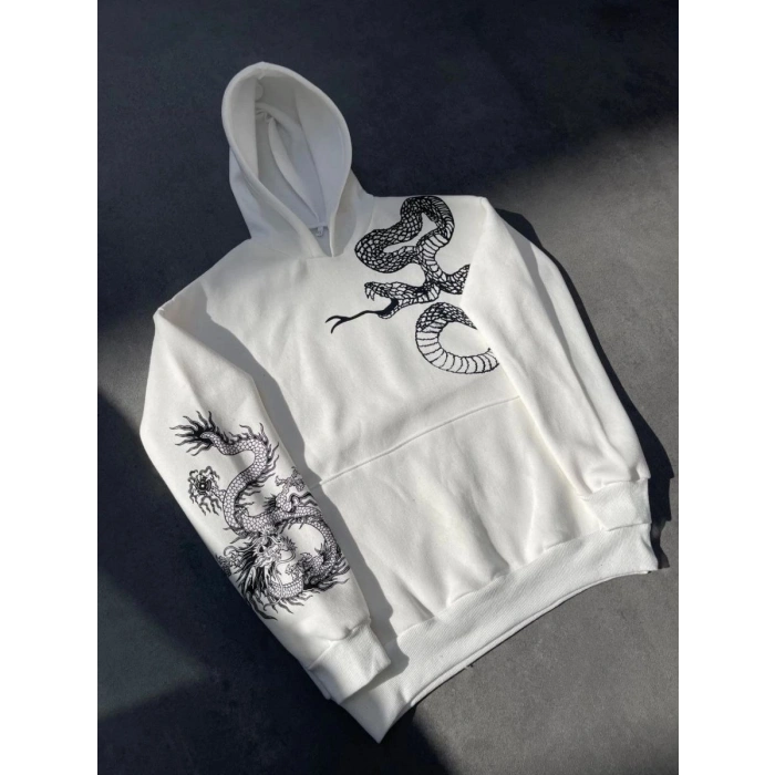 Erkek 3 İplik Pamuklu Kapüşonlu Baskılı Cepli Oversize Sweatshirt Hoodie - Beyaz