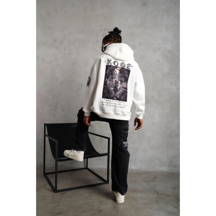 Erkek 3 İplik Pamuklu Kapüşonlu Baskılı Cepli Oversize Sweatshirt Hoodie - Beyaz