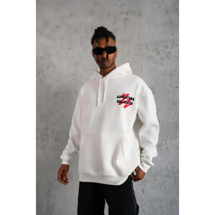 Erkek 3 İplik Pamuklu Kapüşonlu Baskılı Cepli Oversize Sweatshirt Hoodie - Beyaz