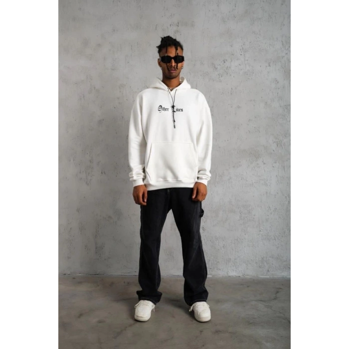 Erkek 3 İplik Pamuklu Kapüşonlu Baskılı Cepli Oversize Sweatshirt Hoodie - Beyaz