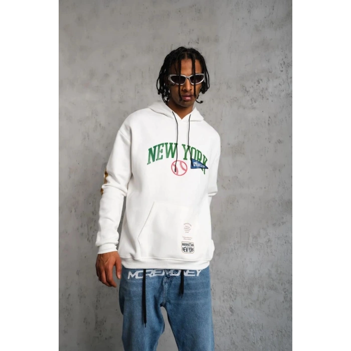 Erkek 3 İplik Pamuklu Kapüşonlu Baskılı Cepli Oversize Sweatshirt Hoodie - Beyaz