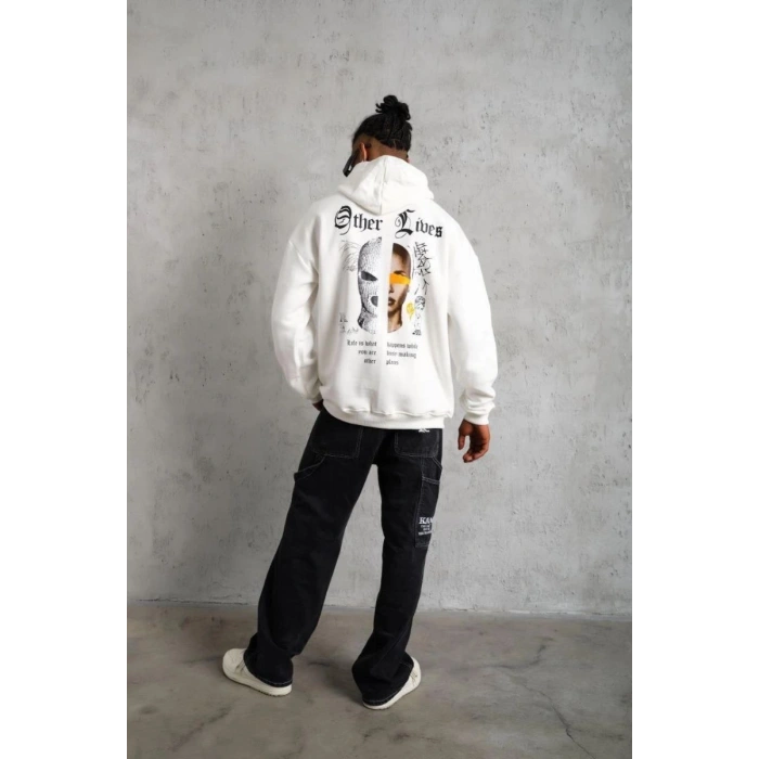 Erkek 3 İplik Pamuklu Kapüşonlu Baskılı Cepli Oversize Sweatshirt Hoodie - Beyaz