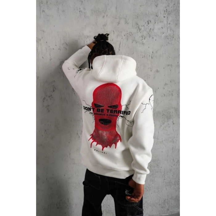 Erkek 3 İplik Pamuklu Kapüşonlu Baskılı Cepli Oversize Sweatshirt Hoodie - Beyaz