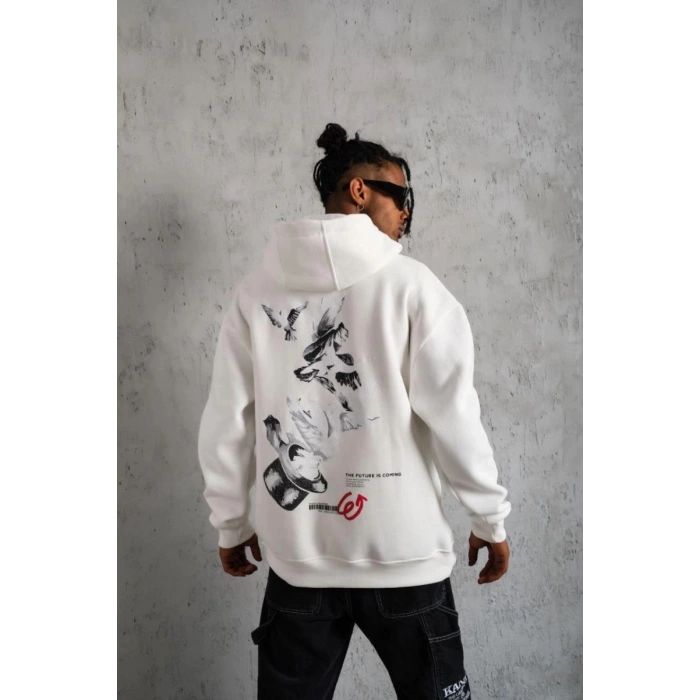Erkek 3 İplik Pamuklu Kapüşonlu Baskılı Cepli Oversize Sweatshirt Hoodie - Beyaz