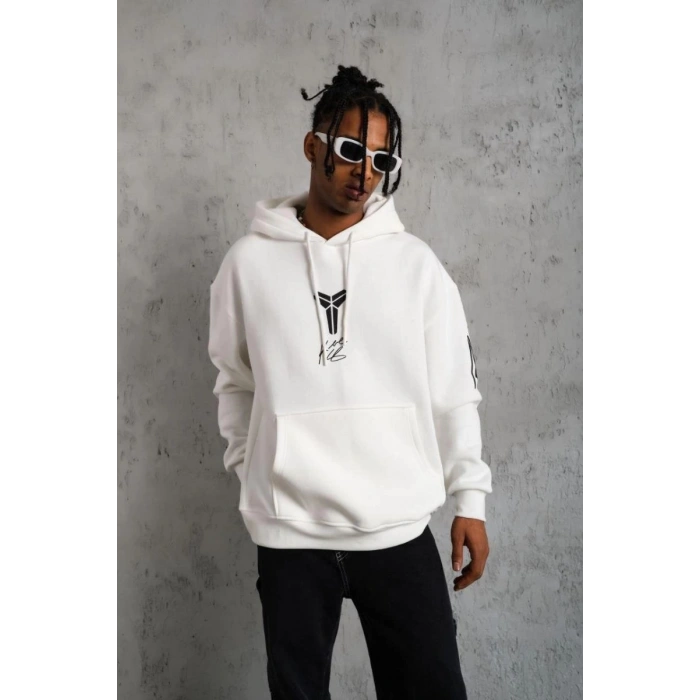 Erkek 3 İplik Pamuklu Kapüşonlu Baskılı Cepli Oversize Sweatshirt Hoodie - Beyaz