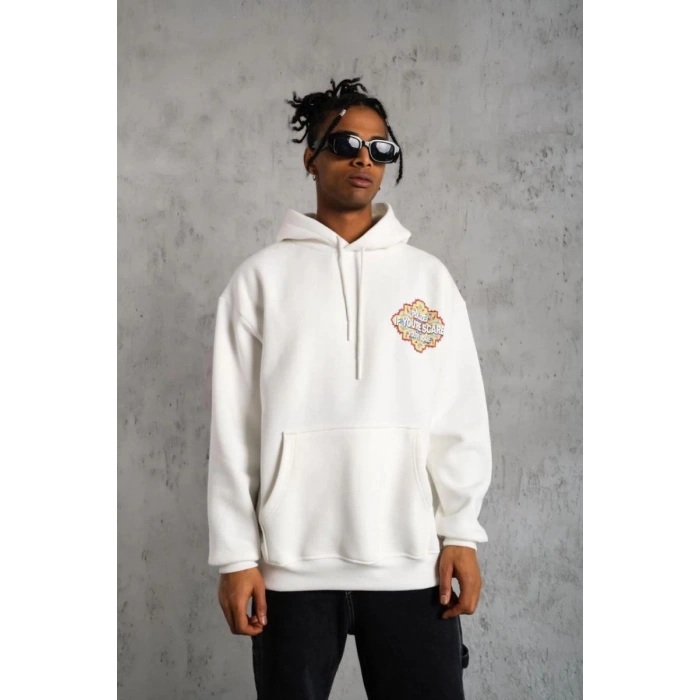 Erkek 3 İplik Pamuklu Kapüşonlu Baskılı Cepli Oversize Sweatshirt Hoodie - Beyaz
