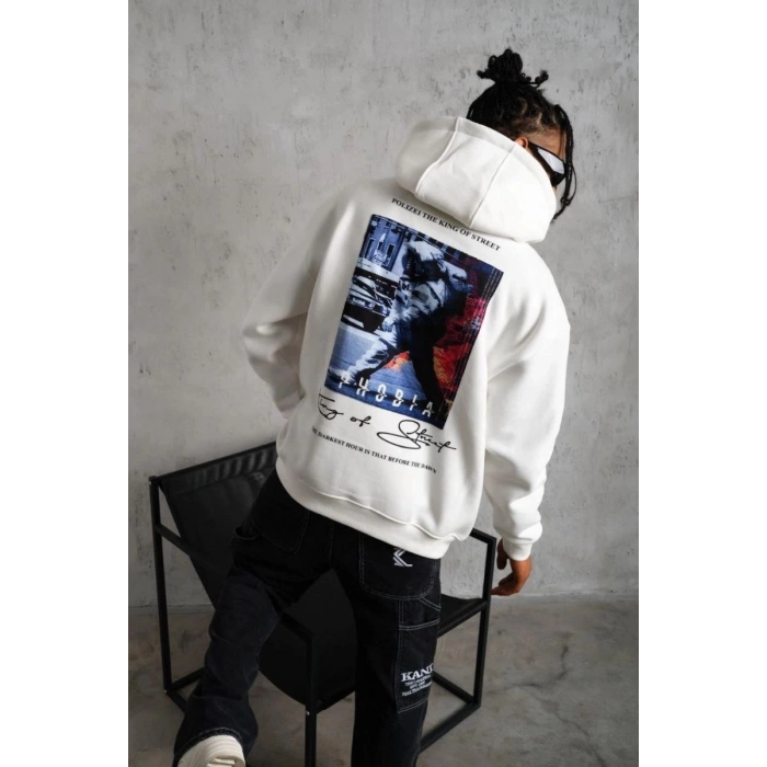 Erkek 3 İplik Pamuklu Kapüşonlu Baskılı Cepli Oversize Sweatshirt Hoodie - Beyaz