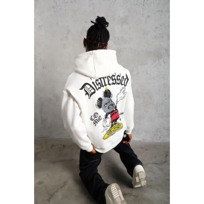Erkek 3 İplik Pamuklu Kapüşonlu Baskılı Cepli Oversize Sweatshirt Hoodie - Beyaz