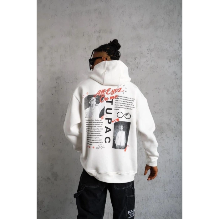 Erkek 3 İplik Pamuklu Kapüşonlu Baskılı Cepli Oversize Sweatshirt Hoodie - Beyaz