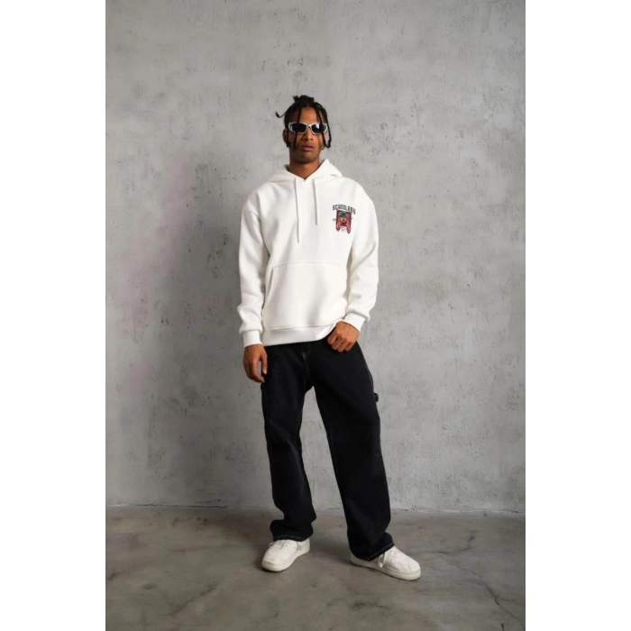 Erkek 3 İplik Pamuklu Kapüşonlu Baskılı Cepli Oversize Sweatshirt Hoodie - Beyaz