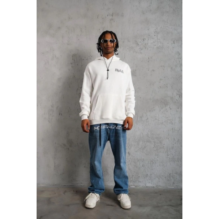 Erkek 3 İplik Pamuklu Kapüşonlu Baskılı Cepli Oversize Sweatshirt Hoodie - Beyaz