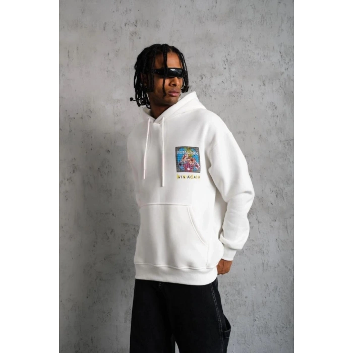 Erkek 3 İplik Pamuklu Kapüşonlu Baskılı Cepli Oversize Sweatshirt Hoodie - Beyaz