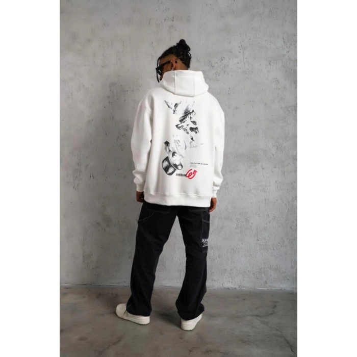 Erkek 3 İplik Pamuklu Kapüşonlu Baskılı Cepli Oversize Sweatshirt Hoodie - Beyaz
