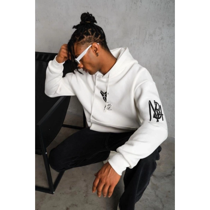 Erkek 3 İplik Pamuklu Kapüşonlu Baskılı Cepli Oversize Sweatshirt Hoodie - Beyaz