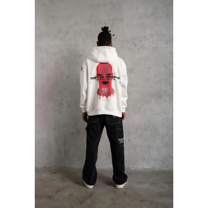 Erkek 3 İplik Pamuklu Kapüşonlu Baskılı Cepli Oversize Sweatshirt Hoodie - Beyaz