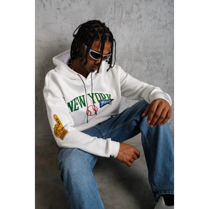 Erkek 3 İplik Pamuklu Kapüşonlu Baskılı Cepli Oversize Sweatshirt Hoodie - Beyaz