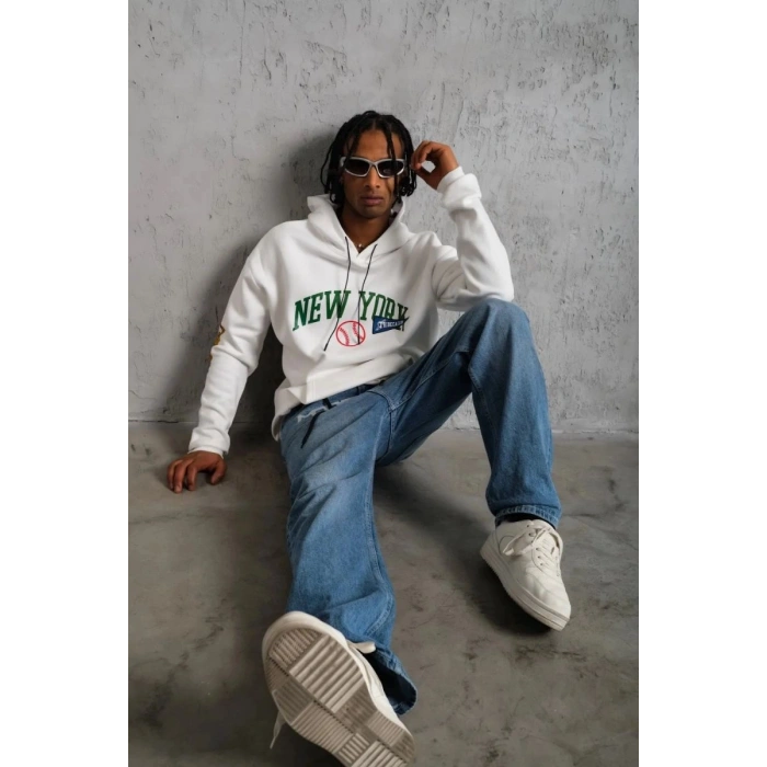 Erkek 3 İplik Pamuklu Kapüşonlu Baskılı Cepli Oversize Sweatshirt Hoodie - Beyaz
