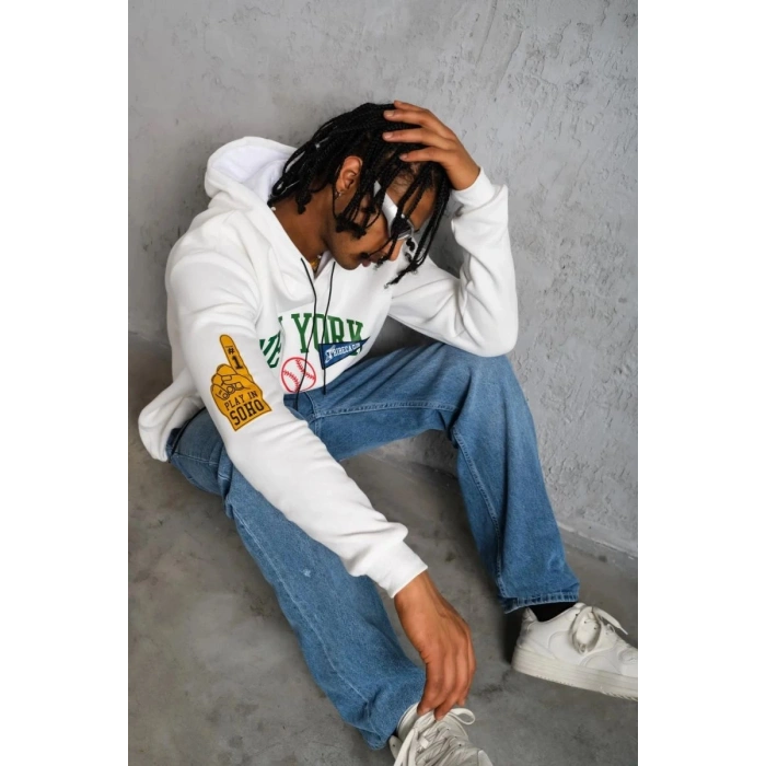 Erkek 3 İplik Pamuklu Kapüşonlu Baskılı Cepli Oversize Sweatshirt Hoodie - Beyaz
