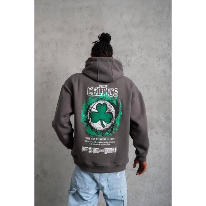 Erkek 3 İplik Pamuklu Kapüşonlu Baskılı Cepli Oversize Sweatshirt Hoodie - Gri