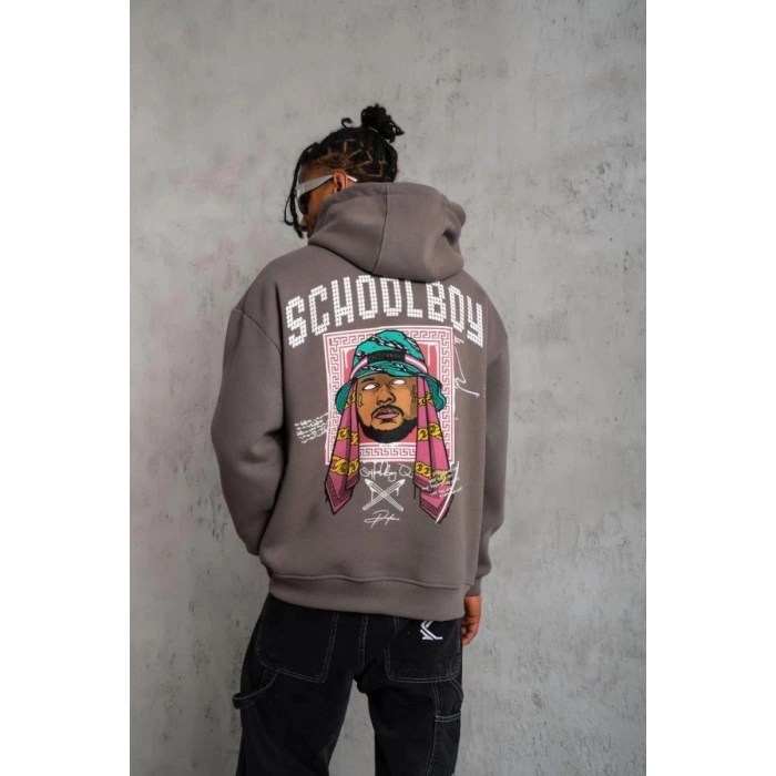 Erkek 3 İplik Pamuklu Kapüşonlu Baskılı Cepli Oversize Sweatshirt Hoodie - Gri